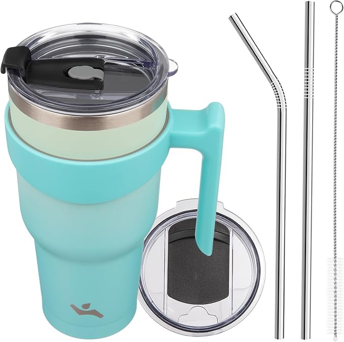 Konokyo 40 oz Tumbler with Handle and Straw, Insulated Travel Mug | Mint; BPA-free, leak-proof tumbler with 2 lids, 2 straws, cup holder fit for coffee, office, travel & daily use