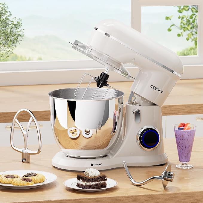 CEBORY 3-IN-1 Electric Stand Mixer, 6.5QT Bowl 660W 10-Speed Kitchen Mixer, Household Food Mixers include Dough Hook, Beater and Whisk, Bread Cake Mixer for Baking and Most Home Cooks, Almond Cream