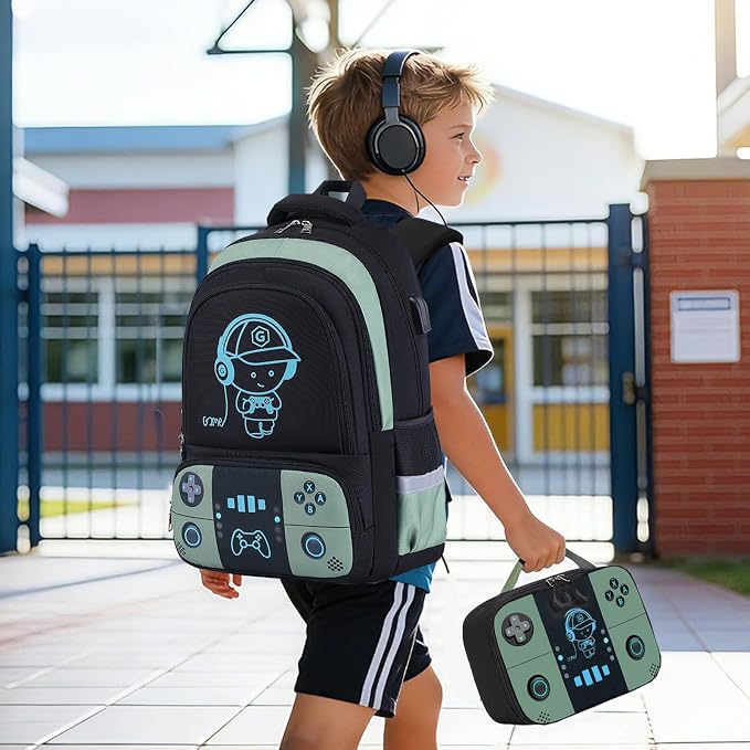 Backpack for School Boys, Cool Luminous Gamer Boys Schoolbag | with Lunch Box & Pencil Case Set for Kids Teens Elementary Middle School, Bookbag Glow In The Dark