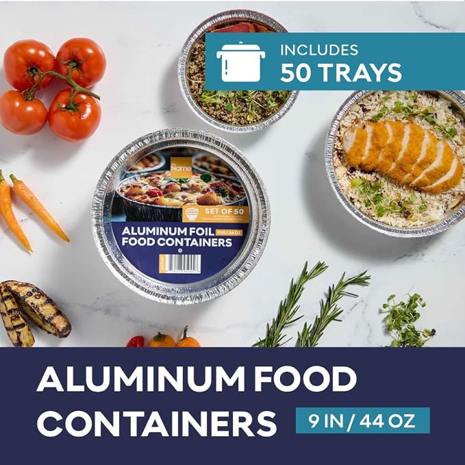 The Name 9" Round 50 Pack Aluminum Foil Pans Disposable Pie Tins, Mini Pans, Tart Baking Trays, Oven/Freezer Safe, Perfect for Apple Pie, Pumpkin Pie, Quiche, Pot Pie, Cobbler, Catering & Food Service
