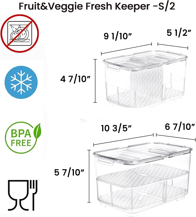 Produce Saver with Lids, 2 Piece Fruit Vegetable Storage Container with Vents Stackable Fridge Drawers Organizer Salad Lettuce Keeper For Refrigerator,Bpa-free Fresh Keeper,5.7L&2.8L