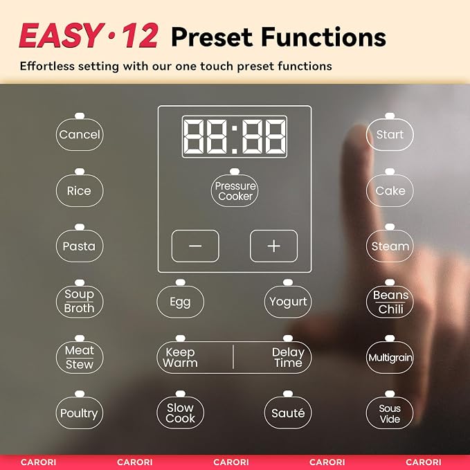 CARORI 1200W 12-in-1 Electric Pressure Cooker 8Qt, Stainless Steel Pressure Cooker, Slow Cook Rice Cooker Steamer Sauté, Yogurt Maker, Warmer & Sterilizer with Recipe, Safer Venting Design, Black