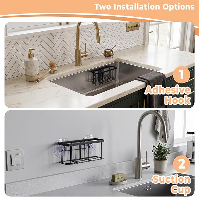 Vanwood Sponge Holder for Kitchen Sink with Strong Suction Cups/Adhesive Strips, Rustproof Compact Size Sink Caddy Organizer for Dish, Sponges, Scrapers, Stoppers (Black)