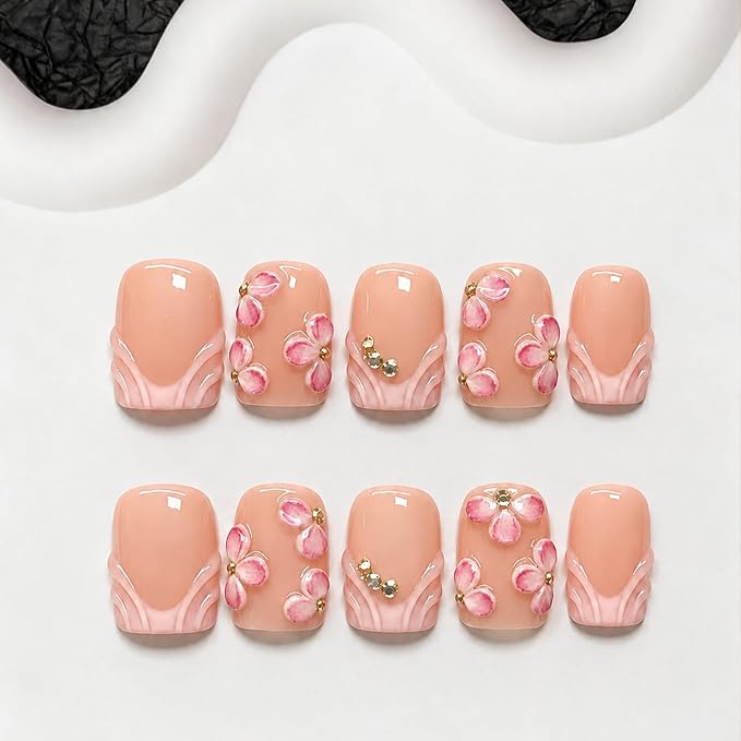 Gradient Flower Press on Nails Handmade Salon Quality Fake Nails with Colorful Rhinestone Designs Full Cover Romantic Short Square Stick on Nail Pink French Tip Acrylic Nails for Women (S)