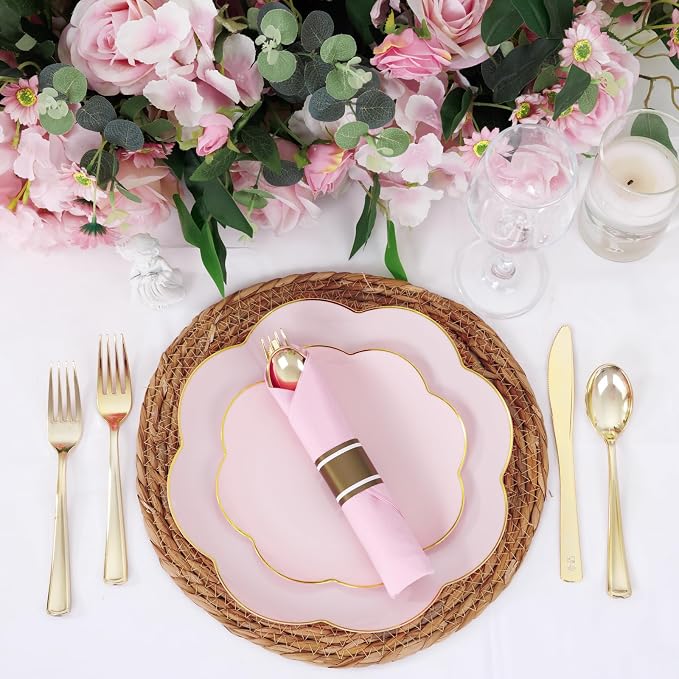 30 Pack Gold Plastic Silverware Set with Pre Rolled Pink Napkin | Heavy Duty Disposable Wrapped Cutlery with Pink Linen Feel Napkins for Birthdays, Weddings, Parties & Special Events