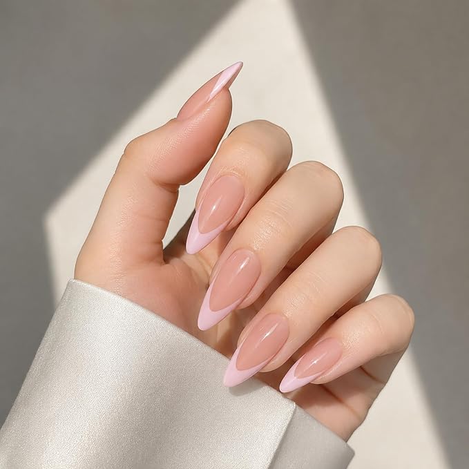 10pcs Handmade Long Stiletto Press on Nails Pink French Tips Nude Fake Nails with Decor Solid Color Press on Nails Glossy Thick Hand Made Acrylic Nail for Women (S)