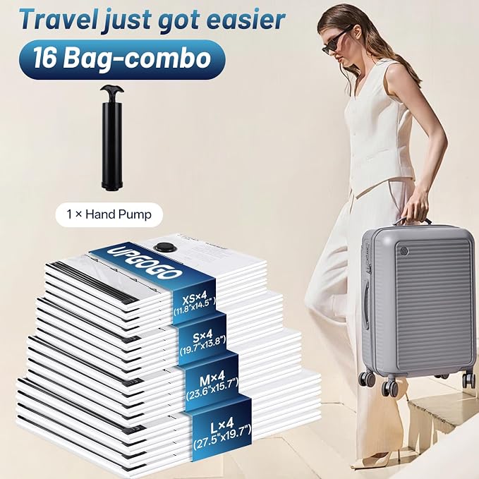 UPGOGO Travel Vacuum Bags for Luggage with Hand Pump,Vacuum Seal Bags for Clothing,Packing Cubes Compression,Cruise Ship and Travel Essentials(Combo 16 Pack)
