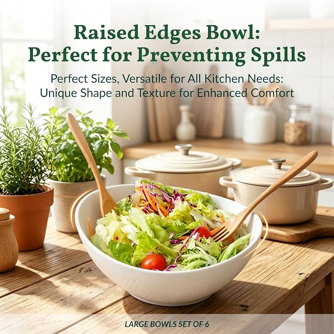 Wheat Straw Bowls, Large Salad Bowls Set of 6, 60 OZ Large Capacity Serving Bowl for Kitchen, Picnic, Camping,Lightweight Unbreakable Microwave and Dishwasher Safe Big Bowl - White