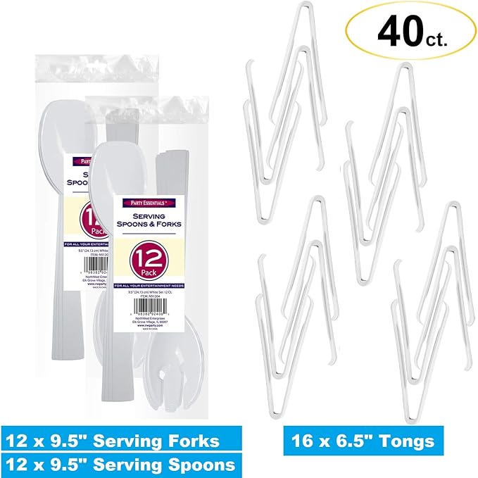 Party Essentials Plastic Party Buffet Serving Utensils Kit, Spoons/Forks/Tongs, 40-Piece, White