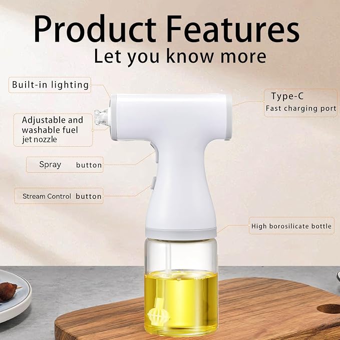2-in-1 Electric Oil Sprayer Dispenser Automatic Olive Oil Misting Spray Stream Jet 9oz/260ml Glass Bottle for Cooking, Salad, Air Frying, Baking, BBQ, Built-in Rechargeable Battery (White)