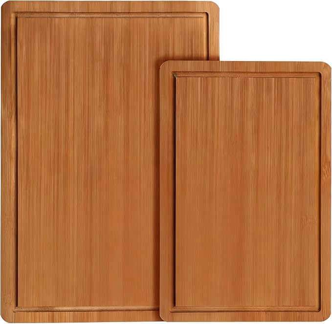 Bamboo Cutting Board Durable Wood Cutting Boards for Kitchen with Deep Juice Grooves Built-in Handles Ideal Charcuterie Chopping for Meat, Vegetables and Fruits Ideal Kitchen Gifts(M+L)