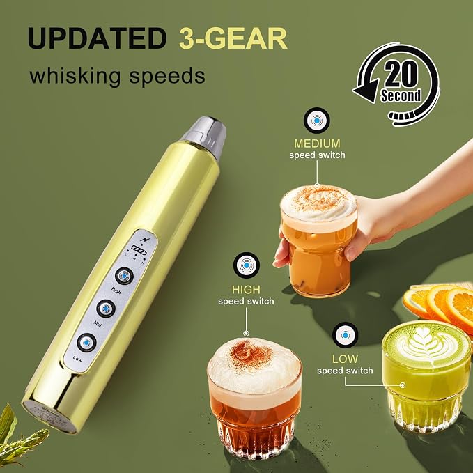 YUSWKO Handheld Milk Frother Wand for Coffee, Rechargeable Electric Whisk with 3 Heads 3 Speeds Drink Mixer Coffee Frother For Latte, Cappuccino, Hot Chocolate, Egg, Champagne Gold