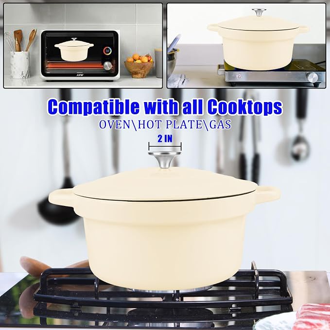 7QT Dutch Oven Pot With Lid, Enameled Cast Iron Dutch Ovens for Sourdough Bread Baking, Non-Stick Ceramic Dutch Oven Cooking Pot, Oven Safe, White (10 Pcs Bread Paper Liners)