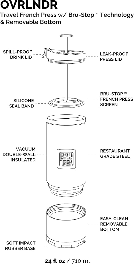 BruTrek | OVRLNDR Travel French Press | 24 fl.oz Drinkable Lid | Grey | Double Wall Insulated, Patented Removable Bottom, Locking No Spill Lid, On The Go Coffee Brewing (Storm Gray)