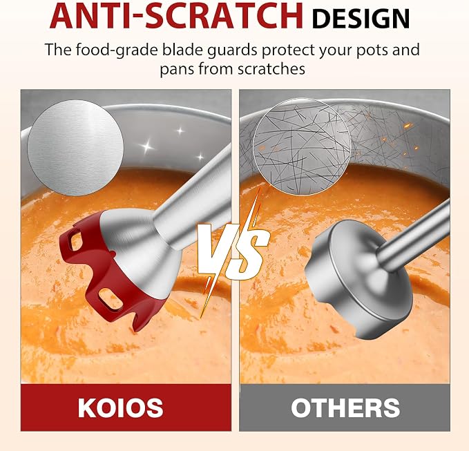 KOIOS Immersion Blender, 1000W Anti-scratch 3-in-1 Hand Blender, Upgraded 12 Speed Stainless Steel Blade Stick Blender with Turbo Mode, Whisk and Milk Frother, Non-BPA, Red