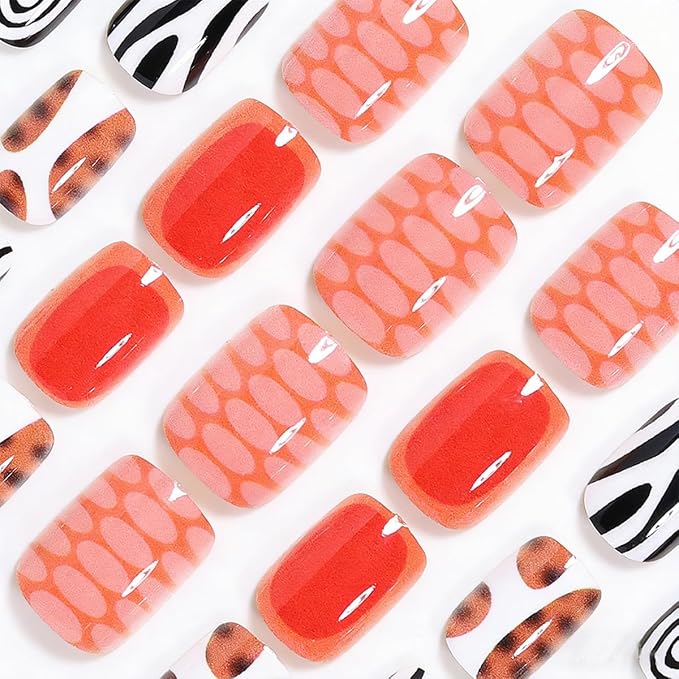 24Pcs Summer Press on Nails Short Square Fake Nails Orange False Nails Press ons Nail Kit with Swirl Striped Leopard Print Design Glossy Glue on Nails Full Cover Stick on Nail for Women Manicure