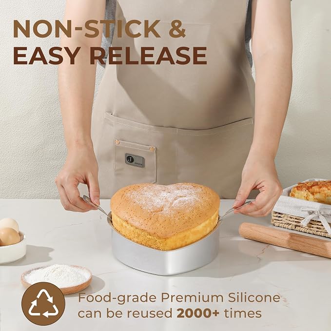6 Inch Heart Shaped Cake Pan Set with Reusable Silicone Baking Mat（2 Pack） | Aluminum Heart Cake Mold with Silicone Sling, Nonstick, Heat Resistant, Easy to Clean & Release, for Kitchen Birthday Wedding