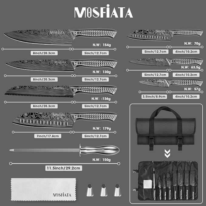 MOSFiATA Kitchen Knife Set, 12Pcs Japanese Stainless Steel Knife Sets for Kitchen with Oxford cloth storage bag with Knife Sharpening Rod, Dishwasher Safe, For Outdoor(grey)