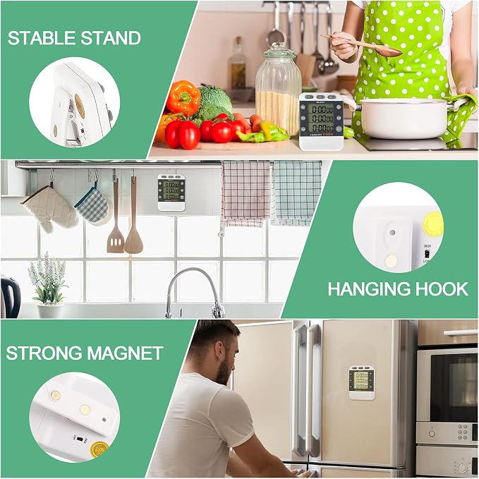 Photect 2 Pcs Digital Kitchen Timer 3 Channels Multi Timer Loud Adjustable Alarm Magnetic Count up Down Memory Preset Battery Included for Cooking Baking BBQ Study Classroom
