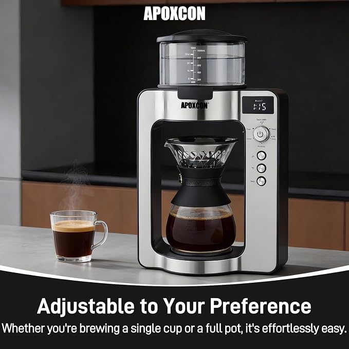 APOXCON Drip Coffee Maker, Automatic Pour Over Coffee Machine with Natural Filters for Home Brewer, Programmable Coffee Dripper with Built‑in Scale & Adjustable Strength, Single Serve or Full Carafe