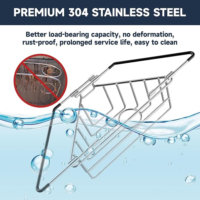 NiHome Adjustable Corner Caddy, Sponge Holder for Kitchen Sink | Rustproof 304 Stainless Steel Storage with Extendable Arms and Open Drainage for Rapid Drying of Brushes and Soap Bars
