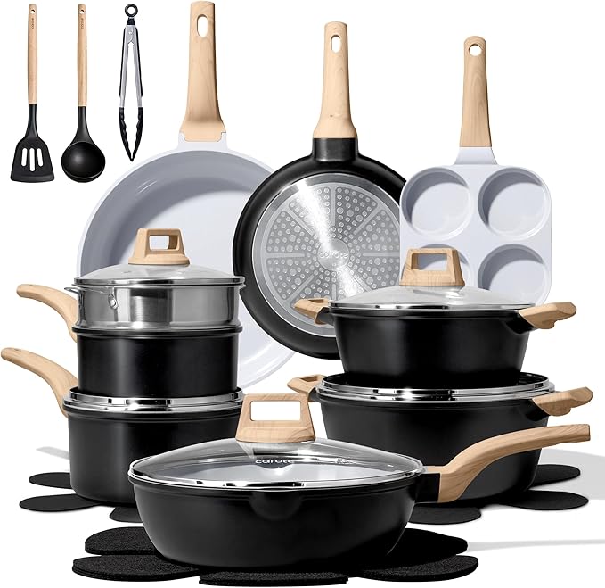 CAROTE 21pcs Ceramic Cookware Set, Pots and Pans Set | Non-Toxic Healthy Induction Cooking Set, Easy Clean, Fast & Even Heating, Fit All Stovetops, PFAS FREE