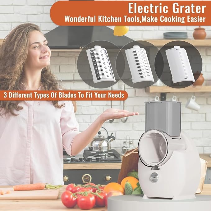 Electric Cheese Grater for Block Cheese,Electric Grater for Home Kitchen Use,3 Changeable Blades Salad Shooter Electric Slicer/Shredder for Vegetable Fruit Nuts White