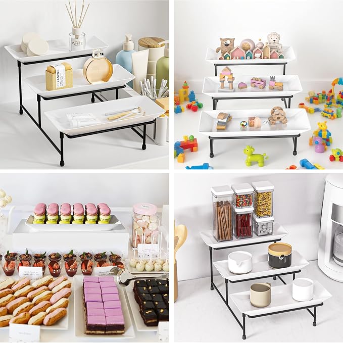 3 Tier Serving Tray, 12'' Collapsible BPA Free Dessert Stand, Black | 3-Tier Serving Platter. BPA-Free, Shatterproof. Steel Frame, Collapsible. Ideal For Parties, Weddings, BBQ & Holiday Events.