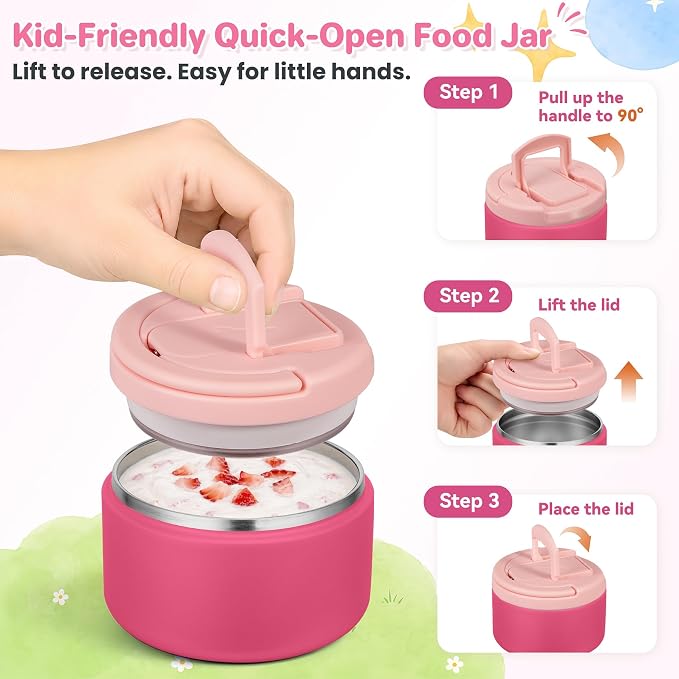 Bento Lunch Box with 8oz Soup Thermo,Kids Leakproof 4 Compartment Lunch Food Containers with Sauce Cup and Ice Pack,Kids Thermo Insulated Hot Food Jar and Lunch Bag for School,Trvael-Pink