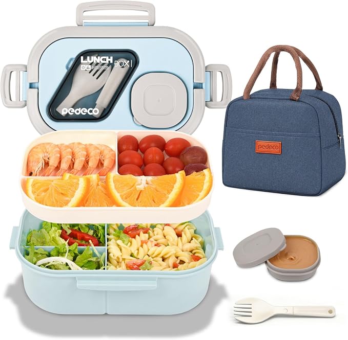 Blue Bento Box with Bag, 2-Tier Stackable with Utensils & Sauce Box | 3 compartments prevent food mixing,Portable sauce pod included,Microwave safe,BPA-free, for adults, kid, work, travel,pinic