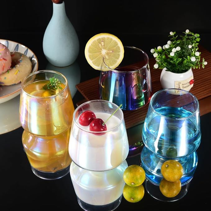 10oz Stemless Champagne Flutes, Iridescent Champagne Glasses, 4 PCS | Clear Crystal Glass Cups, Dishwasher Safe Wine Glasses Set for Champagne Cocktail Juice, Unique Gifts for Wine Enthusiasts