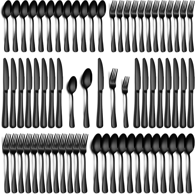 PHILIPALA 60 Piece Black Silverware Set, Stainless Steel Flatware Set for 12 Food Grade Cutlery Utensil Set Include Knife Fork Spoon Mirror Polished Dishwasher Safe