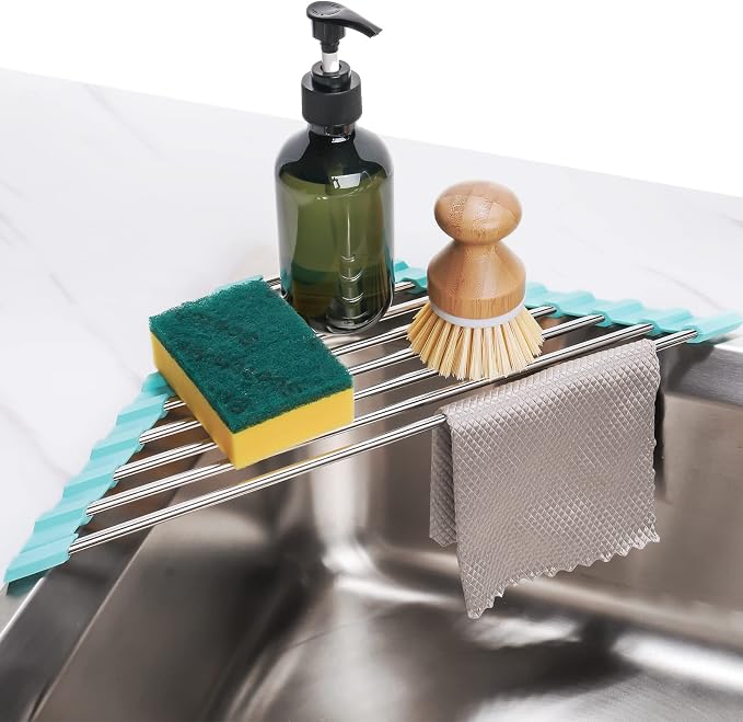 Tomorotec Green Triangle Roll-Up Dish Drying Rack for Sink Corner - Small, Foldable, Stainless Steel, Multipurpose Kitchen Drainer Caddy, Trivet, Rustproof Organizer, Storage Shelf | BPA-Free Food-Grade Silicone Edges Foldable Waterproof Rustproof Heav...