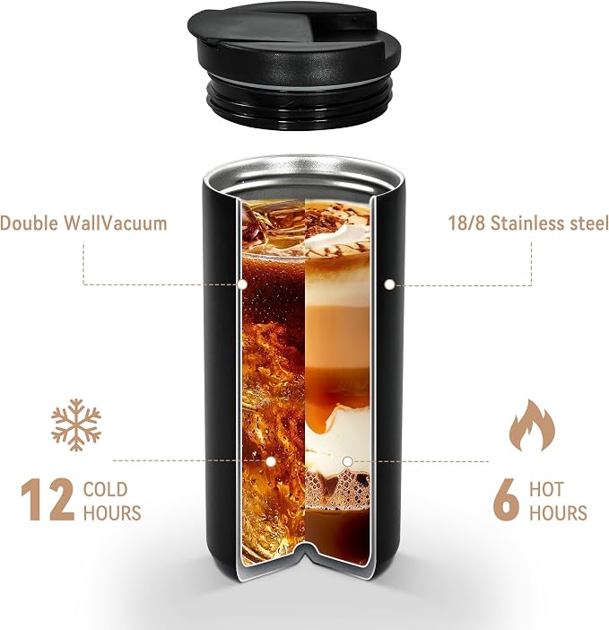 Insulated Coffee Mug 14oz,Travel Coffee Tumbler,Vacuum Insulated Coffee Mug with Leak Proof Screw Lid Coffee Cup for Men and Women for Hot & Cold Drinks, 400ml, Black