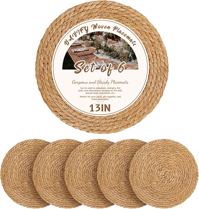 BAVIFY 13" Round Woven Placemats Set of 6, Plate Chargers for Dining Table | 13 Inch Place Mats Set of 6, Wicker Chargers for Dinner Plates, Boho Farmhouse Rustic Table Mats for Dining Table Decor