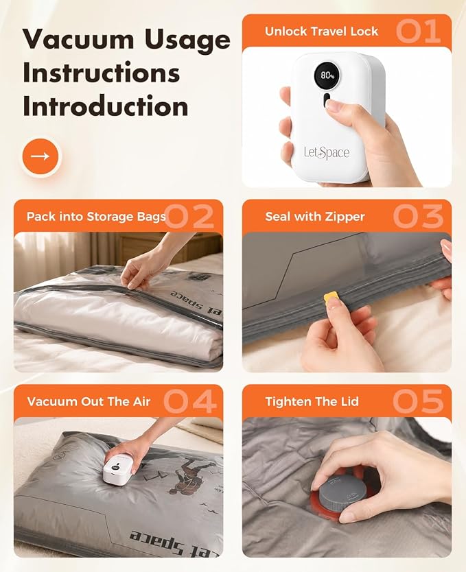Vacuum Storage Bags with Electric Pump, 60kPa Professional Suction Vacuum Seal Bags for Clothing and Bedding, Travel Vacuum Bags with Portable Cordless Pump, Space Saver Bags 15 Jumbo Set
