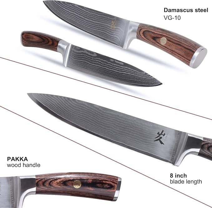 SAMCOOK Damascus Chef Knife - 8 Inch Professional Sharp Kitchen Knife, High Carbon Stainless Steel Meat Sushi Cutting Gyuto knife - Ergonomic Pakkawood Handle with Gift Box