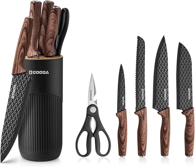 Kitchen Knife Set With Block,6-Piece Professional Chef Cooking Knives Set For Kitchen,Non-Stick Stainless Steel Knife Block Set