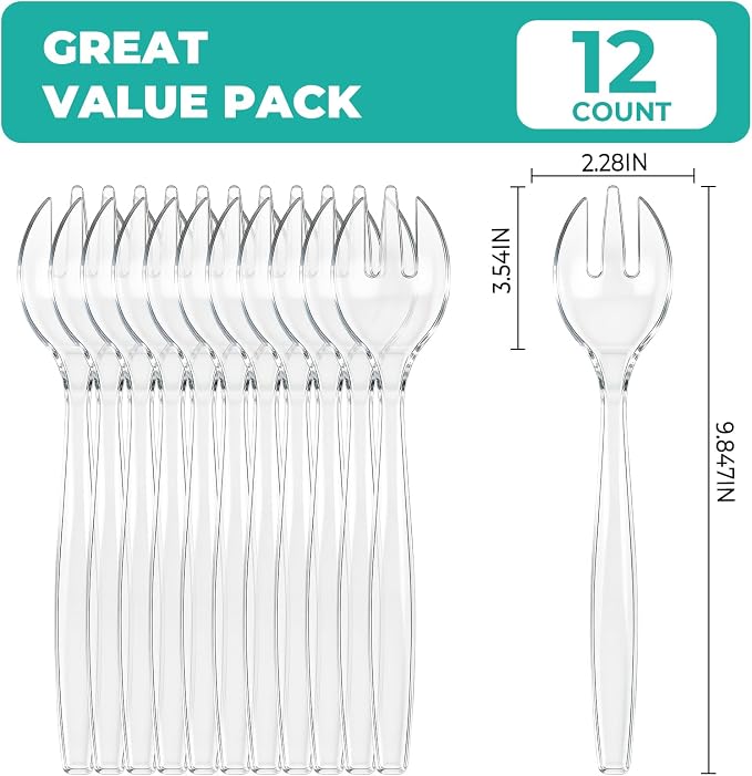 CXPSINC 12 Count Clear Plastic Serving Forks, 10" Disposable Heavy Duty Plastic Serving Utensils for Catering Weddings Parties Buffets Events and Stock Your Home (Clear, 12PCS Forks)