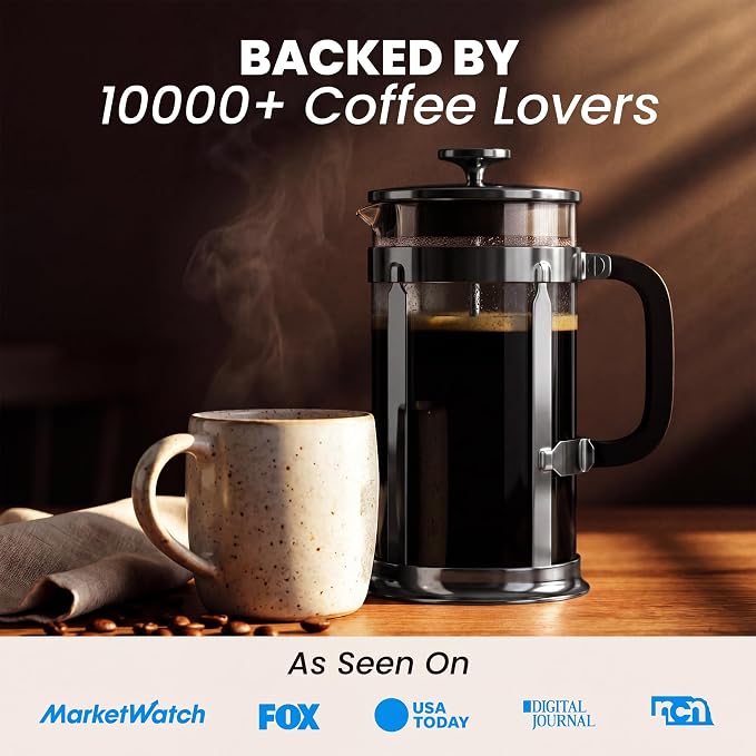 EzDtach French Press Coffee Maker 34oz Grey – Borosilicate Glass Pot | 304 Grade Stainless Steel French Press, Double Filter and 2 Extra Screens for Rich, Full-Bodied Flavor at Home or Office