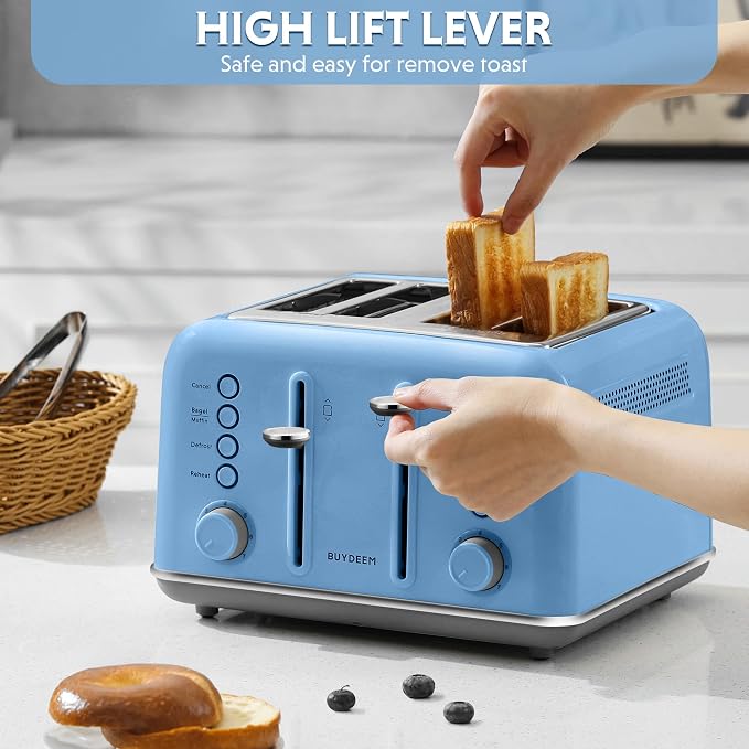 BUYDEEM DT640 4-Slice Toaster, 7 Shade Settings, Extra Wide 1.5’’ Slots for Bagel & English Muffin, 6 Toasting Functions, Retro Stainless Steel Toaster with High Lift Lever, 1800W, Blue