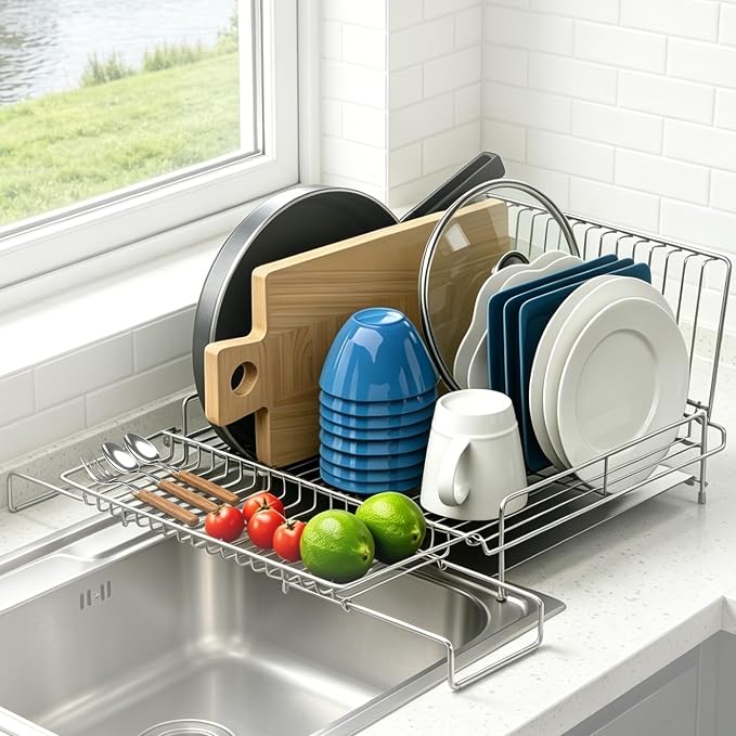 Dish Drying Rack Stainless Steel Expandable Large | Dish Drainer for Kitchen Counter with Stainless Drain Board Rustproof Collapsible Space Saving