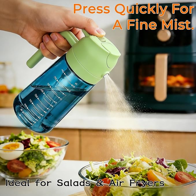 Glass Olive Oil Sprayer for Cooking (16oz/470ml), 2 in 1 Olive Oil Dispenser Bottle for Kitchen Gadgets and Air Fryer Accessories, Salad, BBQ (2-Pack, Blue Black Green)