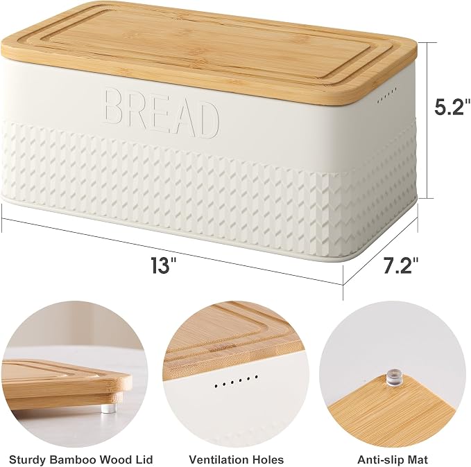 kiplant Bread Box for Kitchen Countertop, Large Bread Storage Container with Bamboo Lid, Iron Farmhouse Bread Box for Your House, White