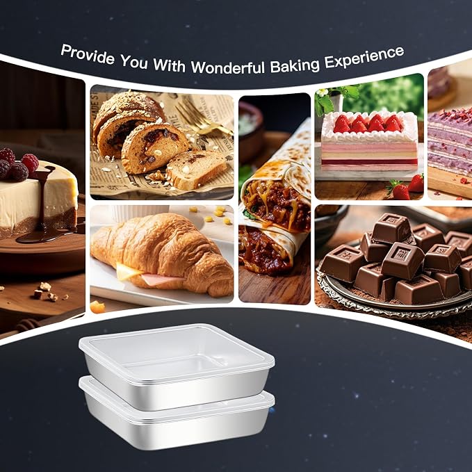 Premium 18/0 Stainless Steel Square Cake Pan with PE Lid (2-Pack), 8x8x2 Inch Heavy-Duty Baking Mold for Brownie, Casserole & Oven Baking, Dishwasher Safe Bakeware Set