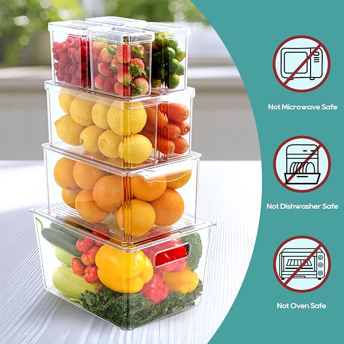 MUCHII 8 Pack Fridge Organizers, Clear Stackable Organizer Bins with Lids | Clear Plastic Stackable with Lids,Pantry Kitchen Organization,Fruit Veggie Produce,Soda Can,Meat Cheese Yogurt,Fridge