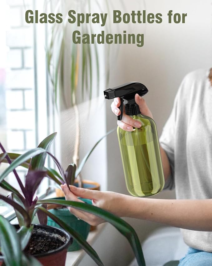 Bontip Glass Spray Bottle 16 oz for Cleaning, Plants (2 Pack, Olive Green | Refillable green spray bottle Set, BPA-free eco glass, With labels and funnel, Great for cleaners, plant misting, hair care