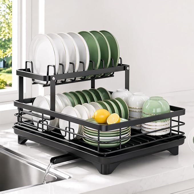 Dish Drying Rack, 2 Tier Space-Saving Dish Rack for Kitchen Counter, Dish Drainer Stainless Steel Rustproof with Drainboard, Utensil Holder