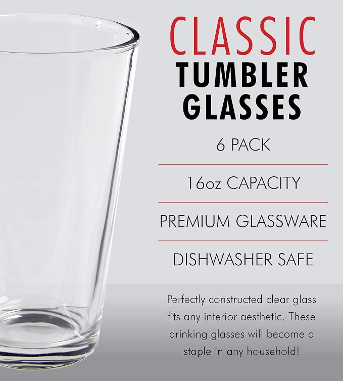 Kitchen Lux Pint Beer Glasses Set of 6 (16oz) Tall Clear Drinking Glasses | All Purpose Tumbler – Heavy Base for Ale, Cocktail, Water, Juice – Pub Style Design For Home Dining, Bars, and Parties