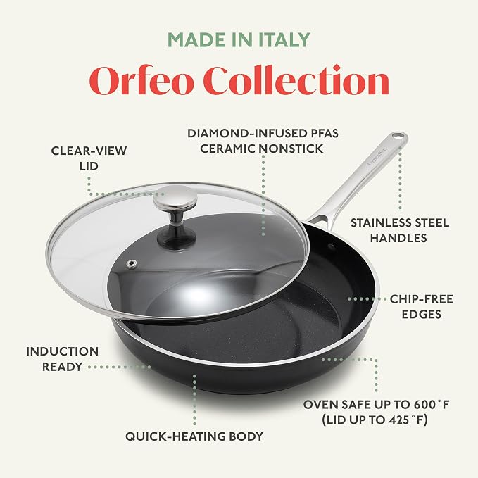 Orfeo 3QT Nonstick Saute Pan with Lid, Made in Italy, Diamond Ceramic PFAS-Free Cookware, Induction Ready, Scratch Resistant, Laser-Fused Surface for Durability, Dishwasher Safe, Black